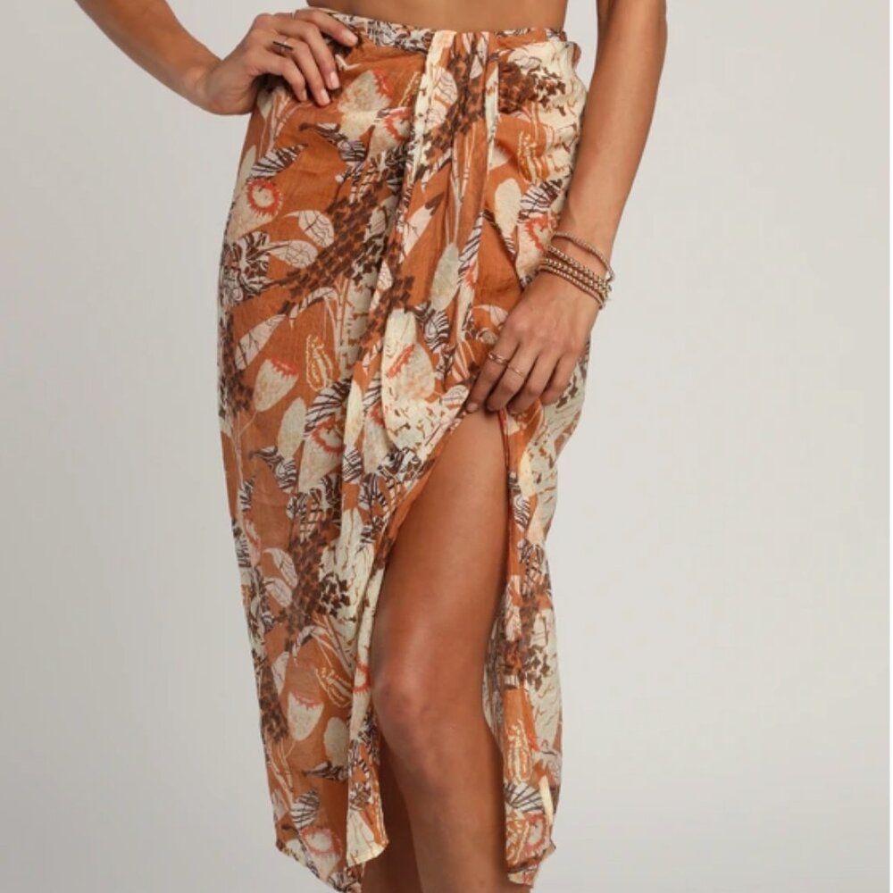 Wild Brown Multi Print Twist-Front Midi Skirt - Brand New